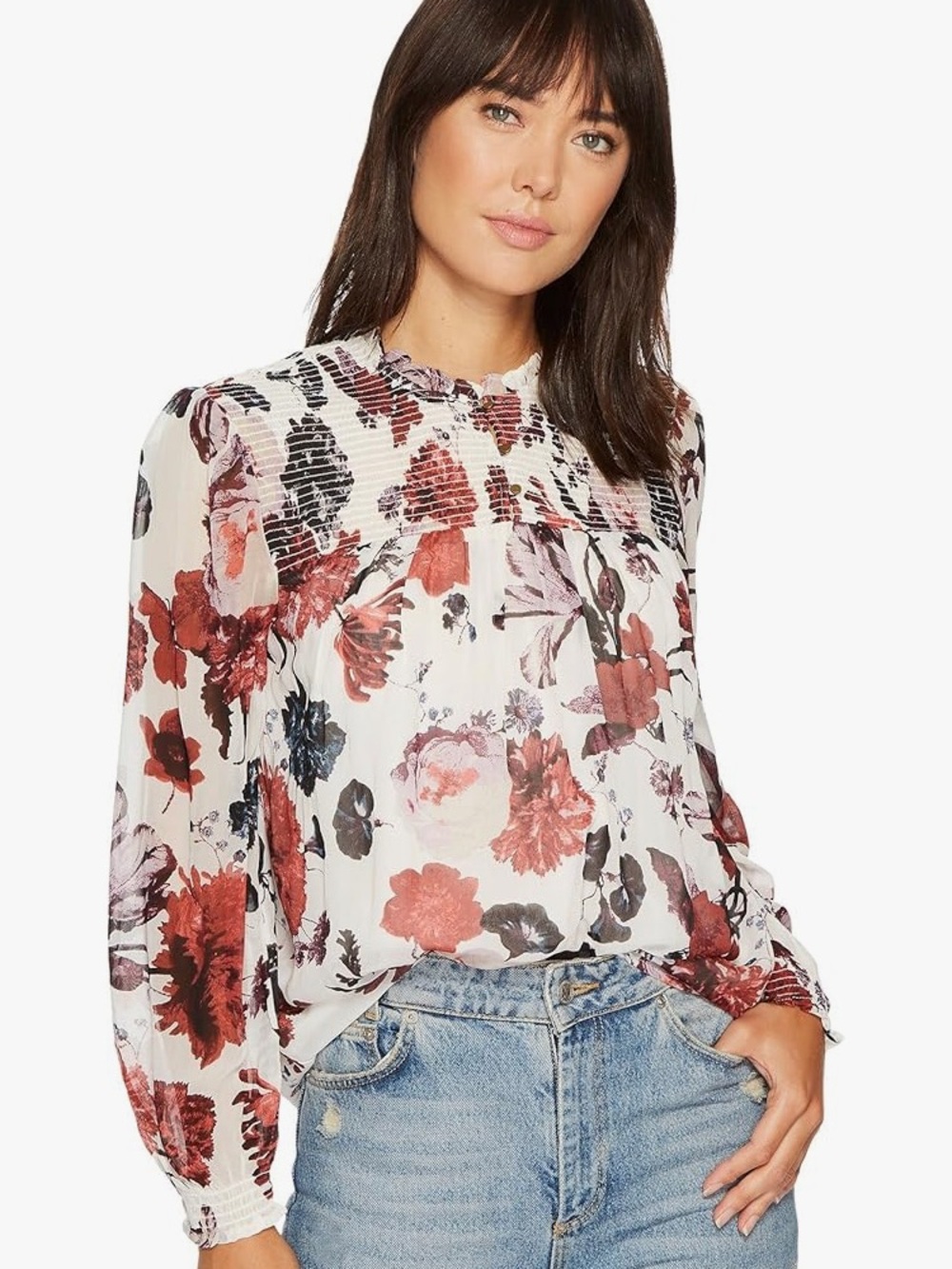 Lucky Brand Top Women's 2X White  Floral Print Blouse Office Career Garden